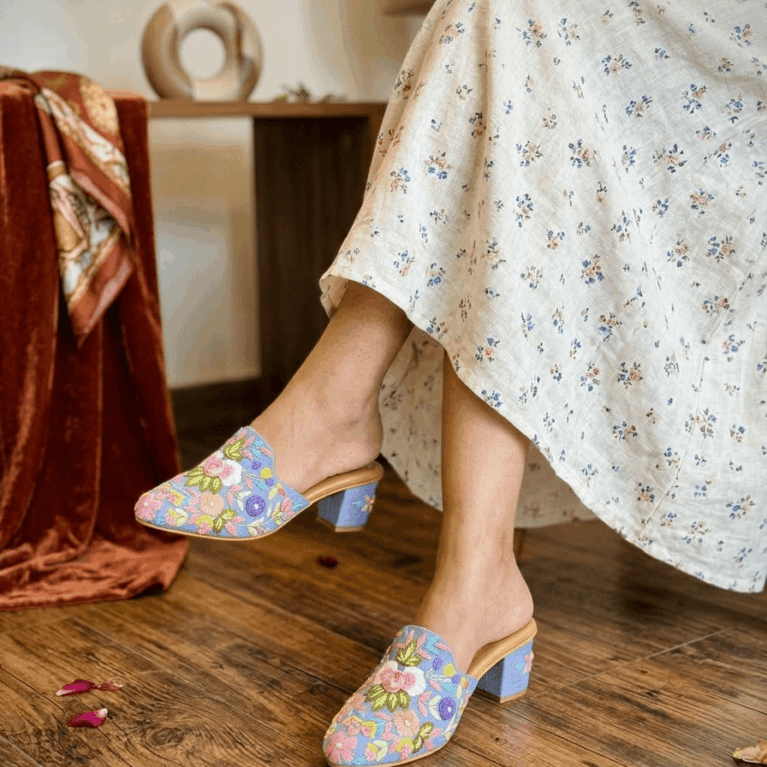 Floral Breeze Embroidered Mule Heels