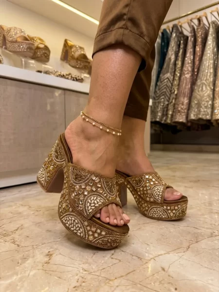 Golden Embellished Block Heel Ethnic Mules