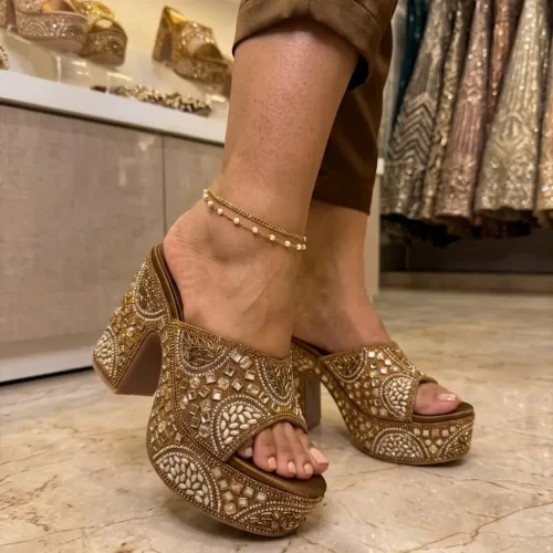 Golden Embellished Block Heel Ethnic Mules