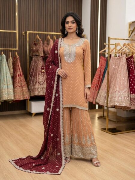 Peach Embroidered Kurta Set with Maroon Dupatta