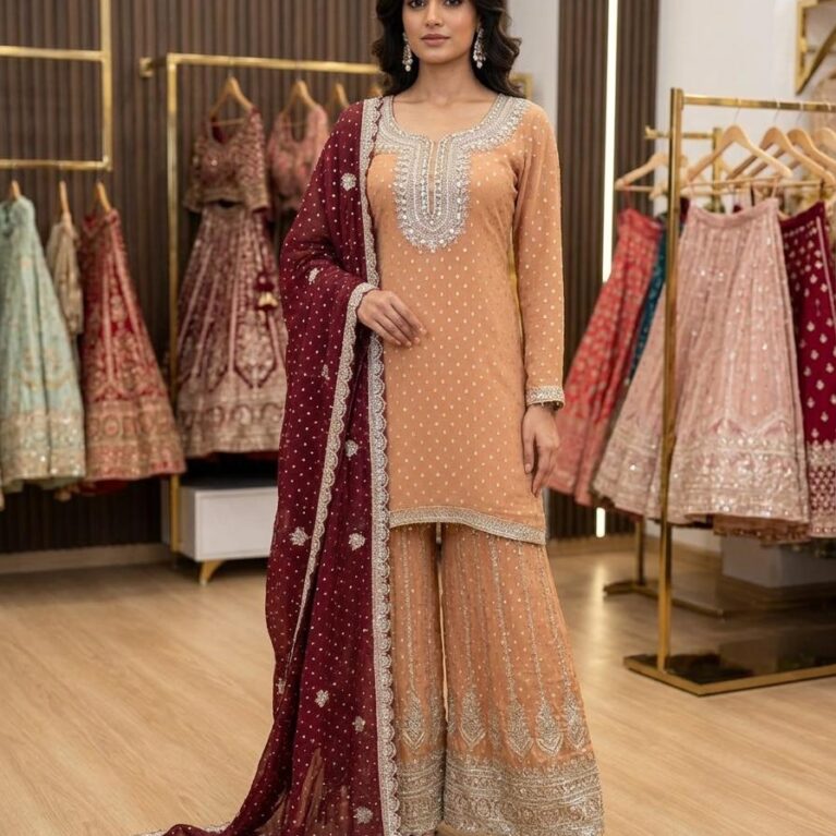 Peach Embroidered Kurta Set with Maroon Dupatta