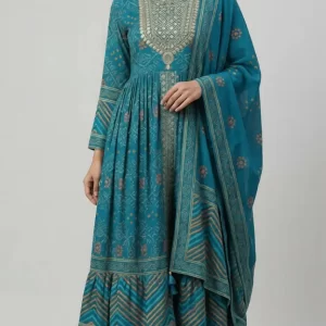 Teal Blue Printed Anarkali Kurta Set with Dupatta