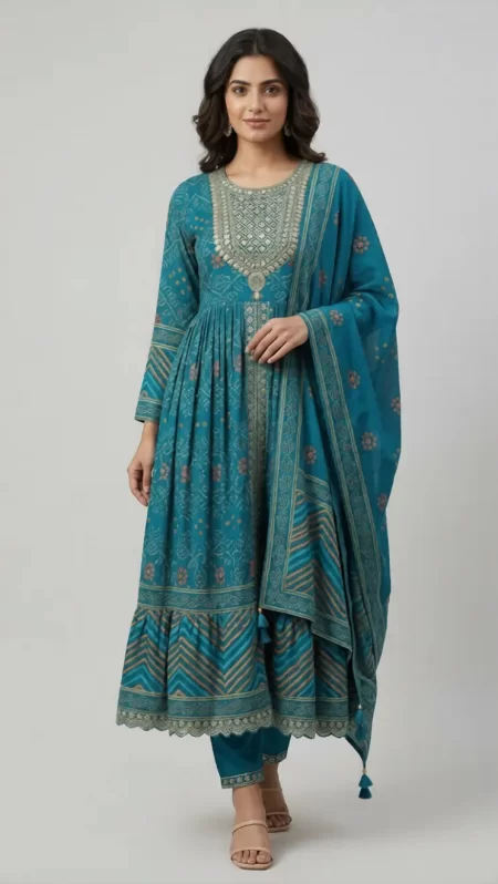 Teal Blue Printed Anarkali Kurta Set with Dupatta
