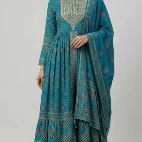 Teal Blue Printed Anarkali Kurta Set with Dupatta