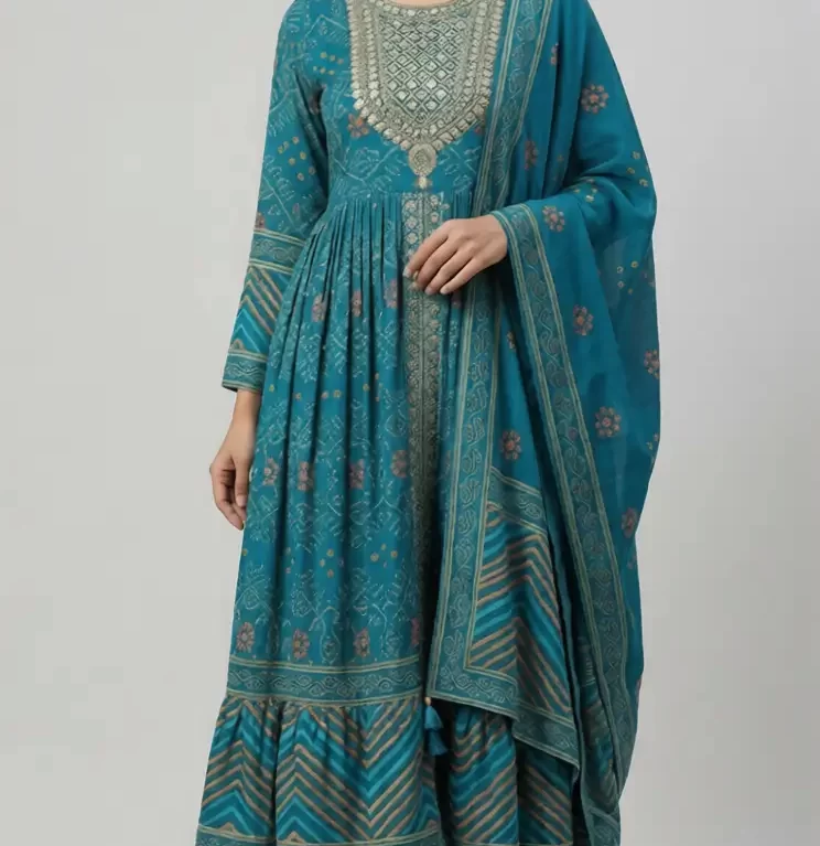 Teal Blue Printed Anarkali Kurta Set with Dupatta
