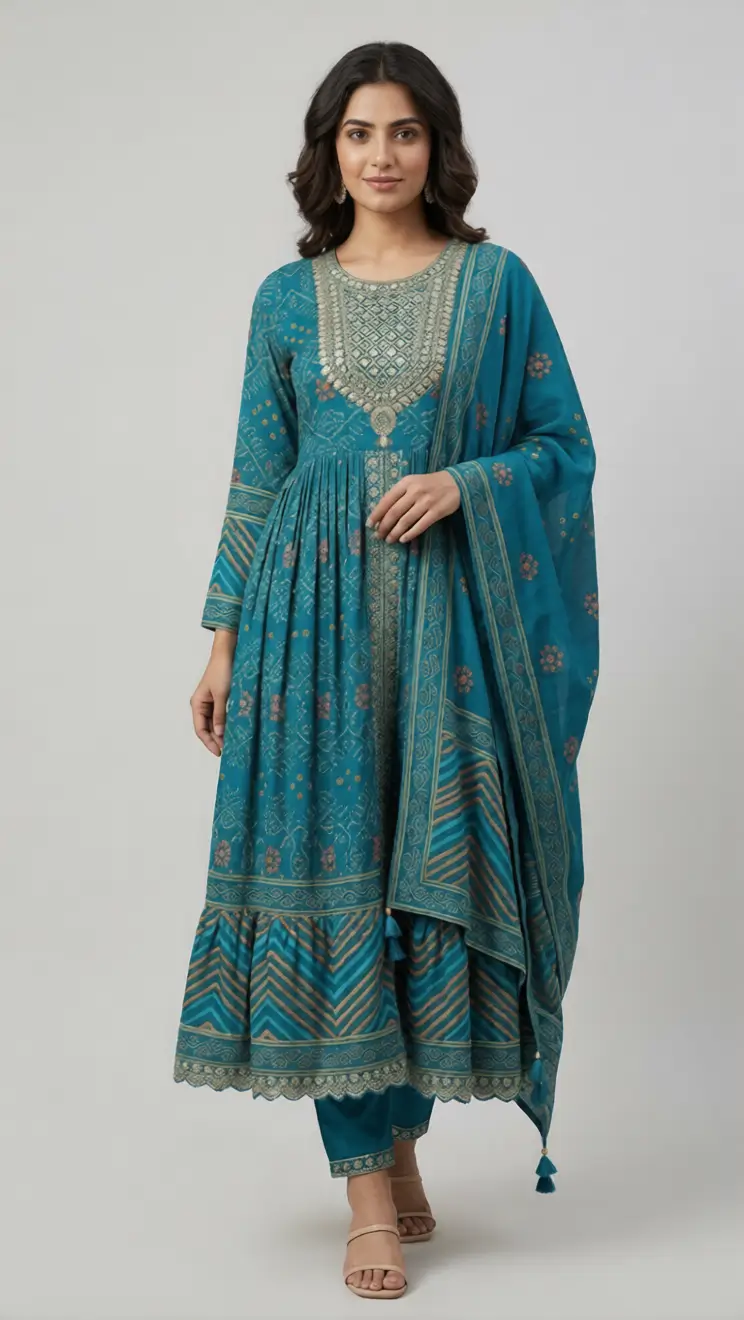 Teal Blue Printed Anarkali Kurta Set with Dupatta