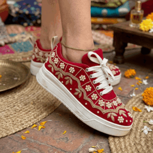 Red Embroidered Ethnic Sneakers with Pearl Detailing