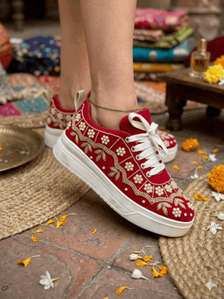 Red Embroidered Ethnic Sneakers with Pearl Detailing