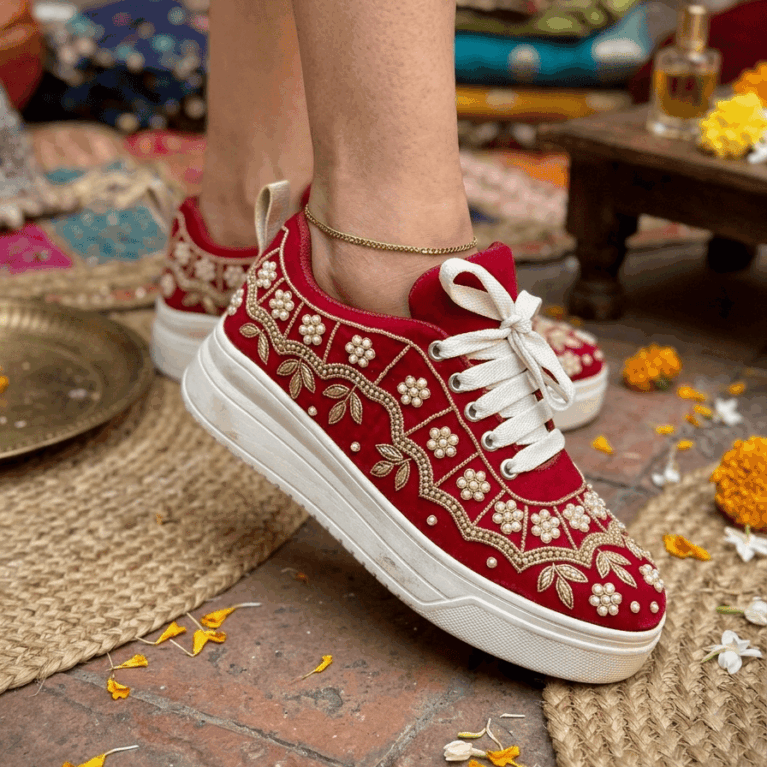 Red Embroidered Ethnic Sneakers with Pearl Detailing