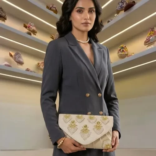Ivory Gold Embroidered Festive Clutch