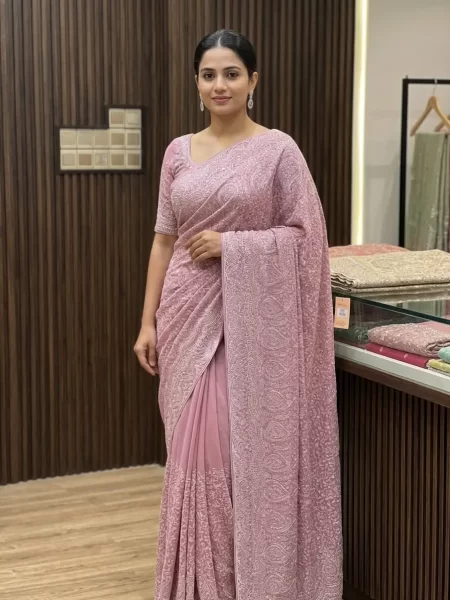 Blush Pink Kashmiri Embroidered Saree with Blouse