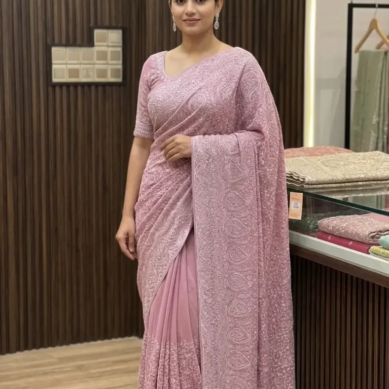 Blush Pink Kashmiri Embroidered Saree with Blouse