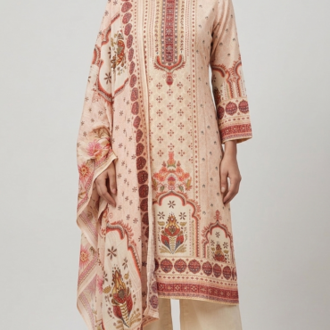 Beige Printed Ethnic Kurta Set with Dupatta