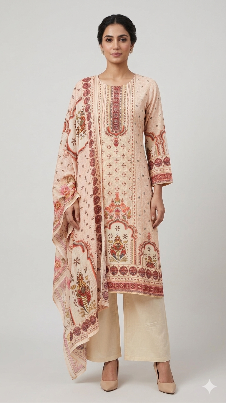Beige Printed Ethnic Kurta Set with Dupatta