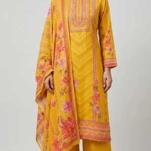 Mustard Yellow Floral Printed Kurta Set with Dupatta