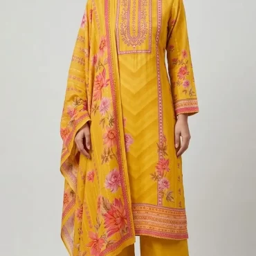 Mustard Yellow Floral Printed Kurta Set with Dupatta