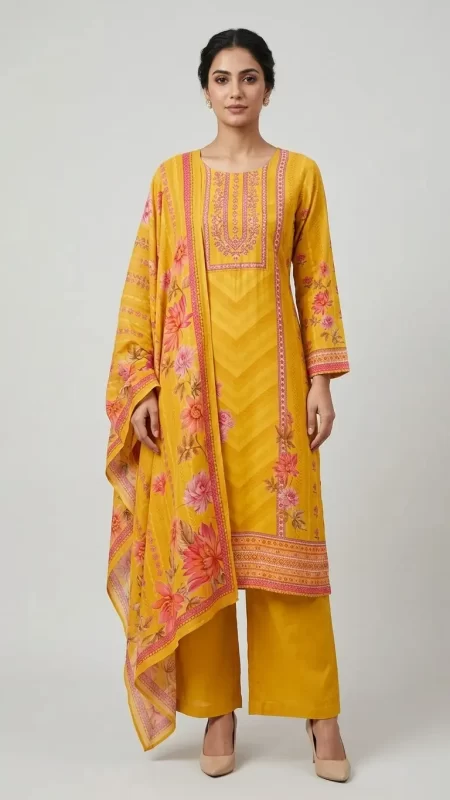 Mustard Yellow Floral Printed Kurta Set with Dupatta
