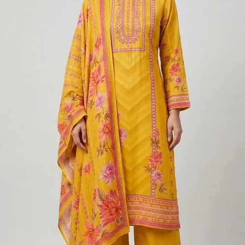 Mustard Yellow Floral Printed Kurta Set with Dupatta