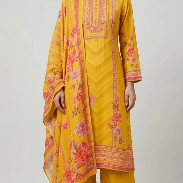 Mustard Yellow Floral Printed Kurta Set with Dupatta